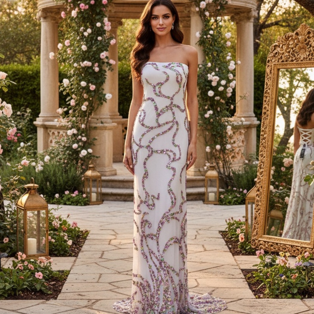 Elegant Strapless white hand beaded with multicolor Attitudes by‎ Debra Dress